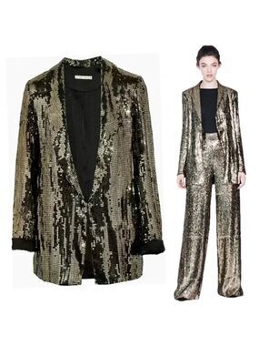 Alice + Olivia Jace Metallic Gold Sequin Shawl-Collar Oversized Blazer Sz S